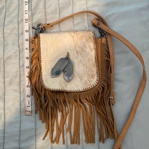 Leather Fringe Purse with metal feather, turquoise and cowhide.